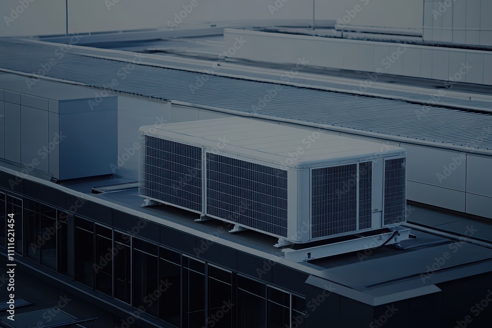 Fototapeta premium Large rooftop HVAC unit on a building. Ideal for articles about commercial HVAC, energy efficiency, or building maintenance.