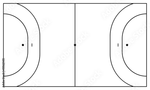 Handball field line style. Handball Black outline court, pitch and stadium on white background. Handball game league scheme, plan, player and championship. Vector