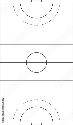 Handball field line style. Handball Black outline court, pitch and stadium on white background. Handball game league scheme, plan, player and championship. Vector