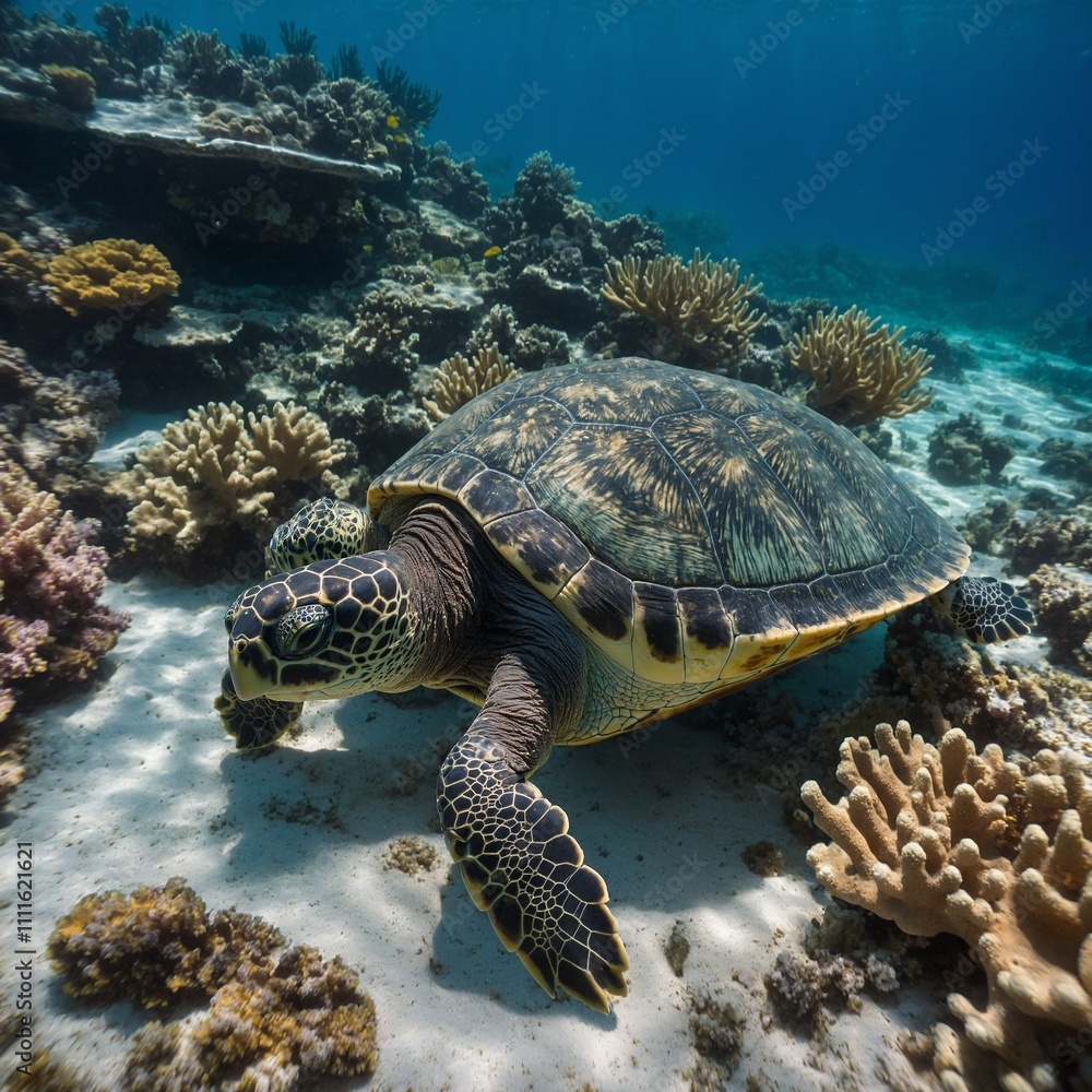 A turtle resting on a coral shelf with the light refracting through clear water.
A turtle resting on a coral shelf with the light refracting through clear water.