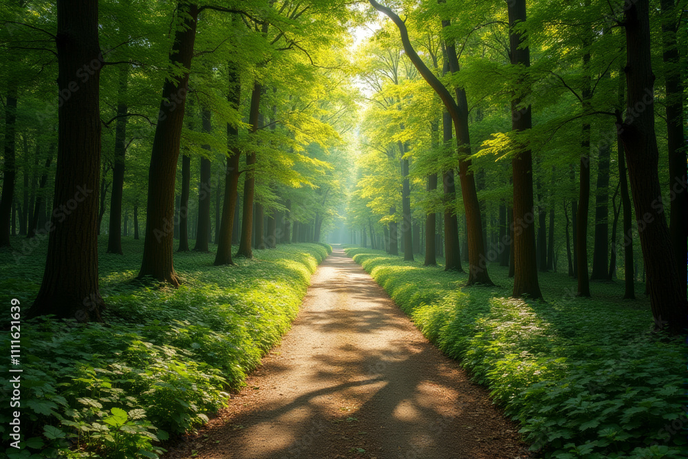 A sunlit path winds through a lush, green forest, with rays of light piercing through the dense foliage. The image evokes a sense of peace, tranquility, and the beauty of nature. A sunlit path winds through a lush, green forest, with rays of light piercing through the dense foliage. The image evokes a sense of peace, tranquility, and the beauty of nature.