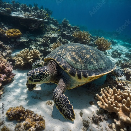 A turtle resting on a coral shelf with the light refracting through clear water.  