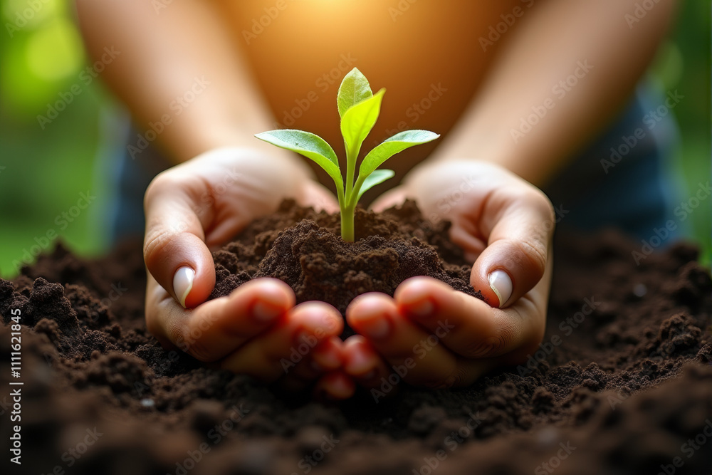A pair of gentle hands cradles a young seedling, A pair of gentle hands cradles a young seedling,