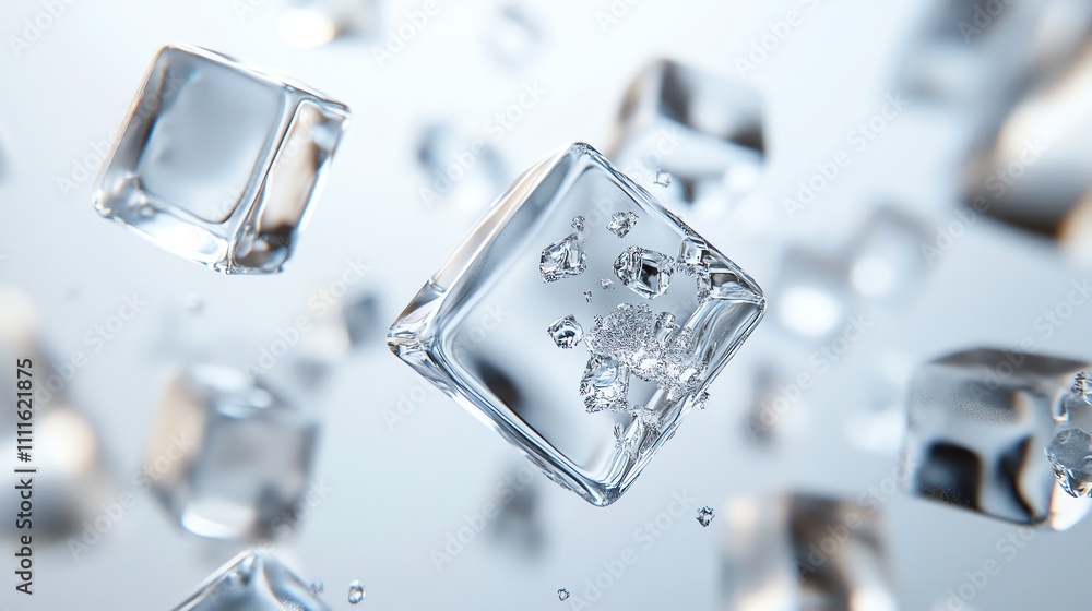 Close-up of clear ice cubes falling through the air. Close-up of clear ice cubes falling through the air.