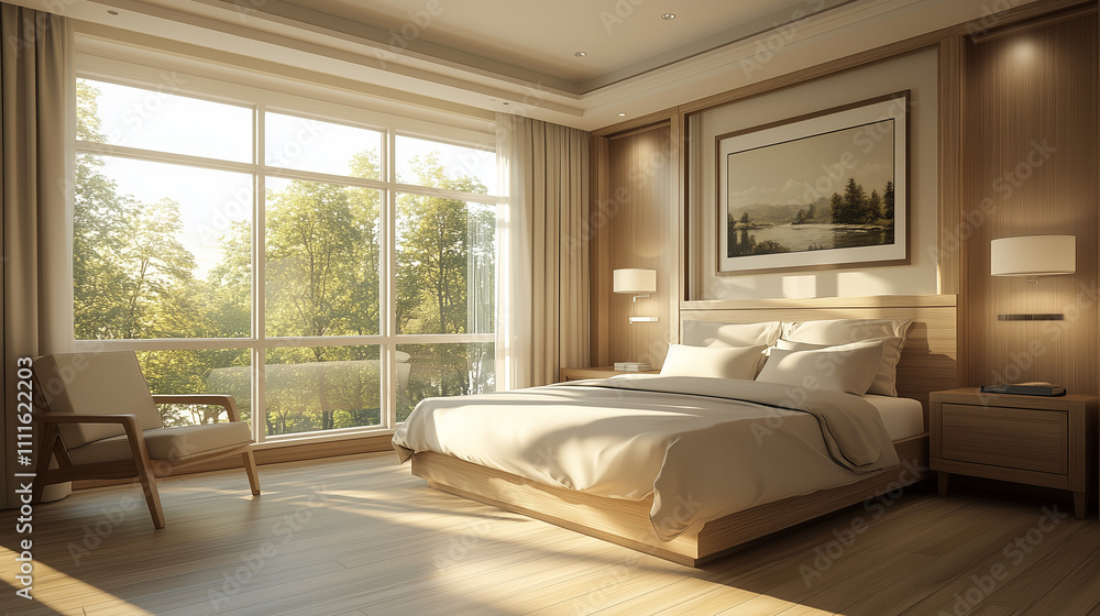 A modern hotel room with a wooden floor, bed, and chair. The window offers a scenic view, while the walls are a light beige color and the ceiling is white. The room features light brown solid wood A modern hotel room with a wooden floor, bed, and chair. The window offers a scenic view, while the walls are a light beige color and the ceiling is white. The room features light brown solid wood