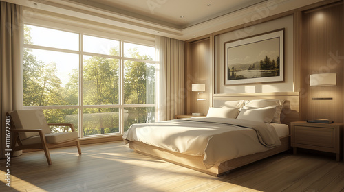 A modern hotel room with a wooden floor, bed, and chair. The window offers a scenic view, while the walls are a light beige color and the ceiling is white. The room features light brown solid wood 