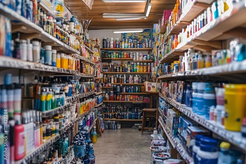 Colorful Aisle of Art Supplies in a Creative Studio Shop