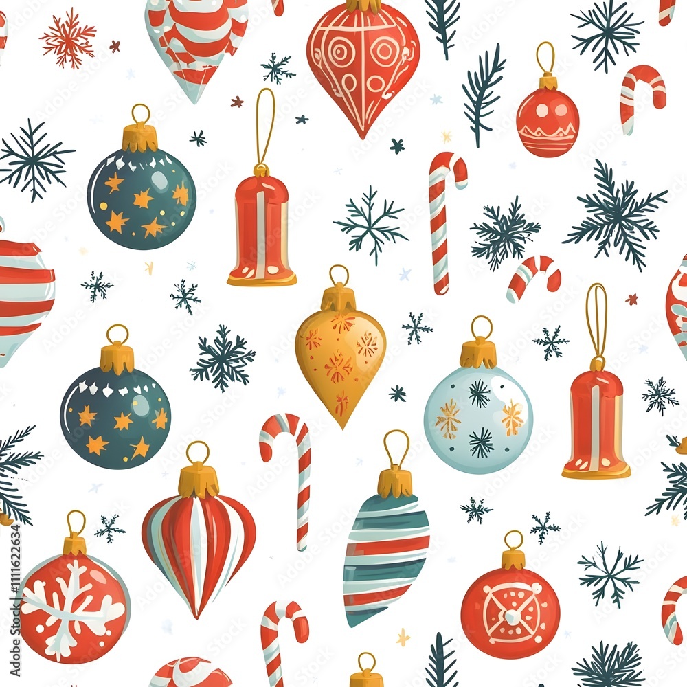 A festive pattern featuring Christmas ornaments, candy canes, and snowflakes for seasonal decor. A festive pattern featuring Christmas ornaments, candy canes, and snowflakes for seasonal decor.