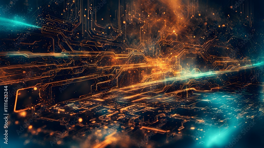 Obraz premium Abstract digital landscape with glowing circuitry and vibrant colors.