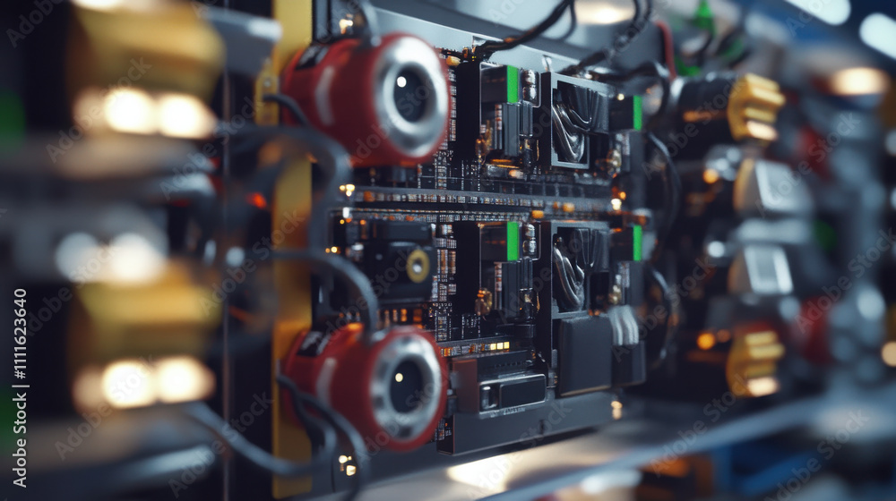 High tech power supply modules with intricate circuitry and components. image showcases detailed electronic parts, highlighting their design and functionality in modern setting High tech power supply modules with intricate circuitry and components. image showcases detailed electronic parts, highlighting their design and functionality in modern setting