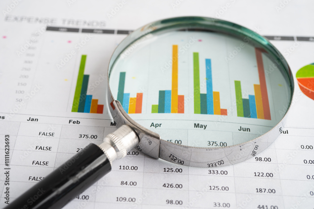 Magnifying glass on charts graphs paper. Financial development, Banking Account, Statistic, Investment Analytic research data economy. Magnifying glass on charts graphs paper. Financial development, Banking Account, Statistic, Investment Analytic research data economy.