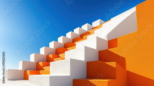 Geometric abstract architecture of an office building with orange and white concrete walls  forming a colorful pattern. The play of light and shadow on the surface creates an intriguing effect 