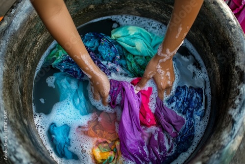 Hands wash colorful fabrics in soapy water.