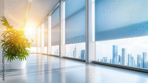 Interior of a modern office building  with a low angle view of blue roller sun blinds hanging in large glass windows. The sunlight streams through the blinds  creating a soft ambiance