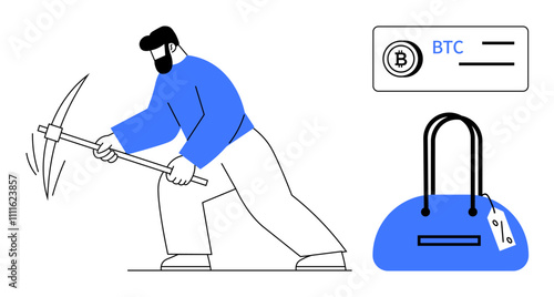 Man with pickaxe mining digital currency beside Bitcoin wallet and shopping bag. Ideal for finance, cryptocurrency, investment, e-commerce, digital transactions, online security, virtual economy