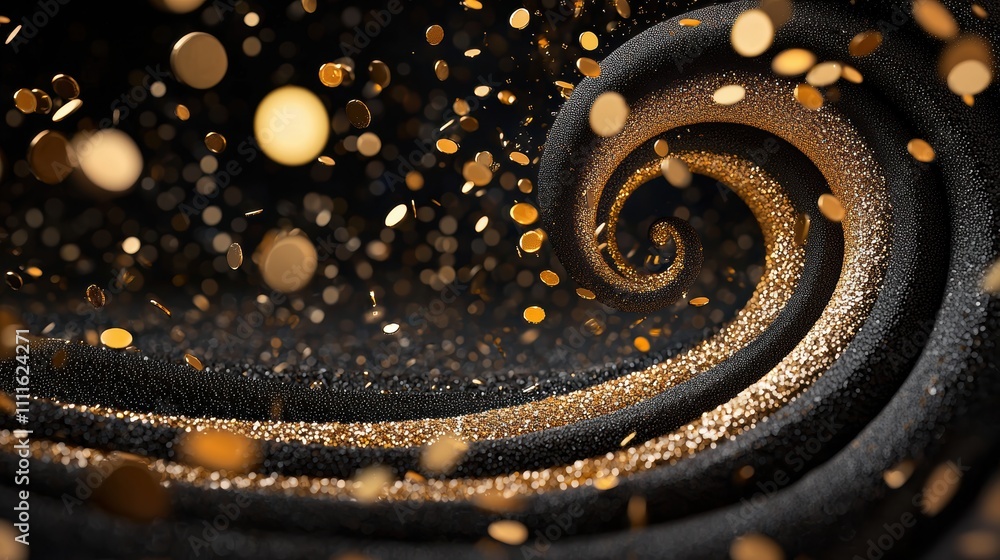 Fototapeta premium Golden particles forming a swirling vortex that resembles a wave, with subtle light and color variations adding depth and dimension.