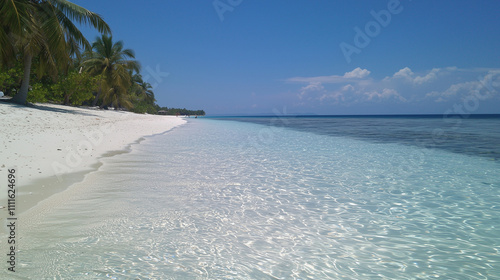 Secluded Tropical Beach Paradise: Crystal clear turquoise water gently laps a pristine white sand beach, fringed by lush palm trees under a vibrant blue sky. A tranquil escape to paradise.  photo