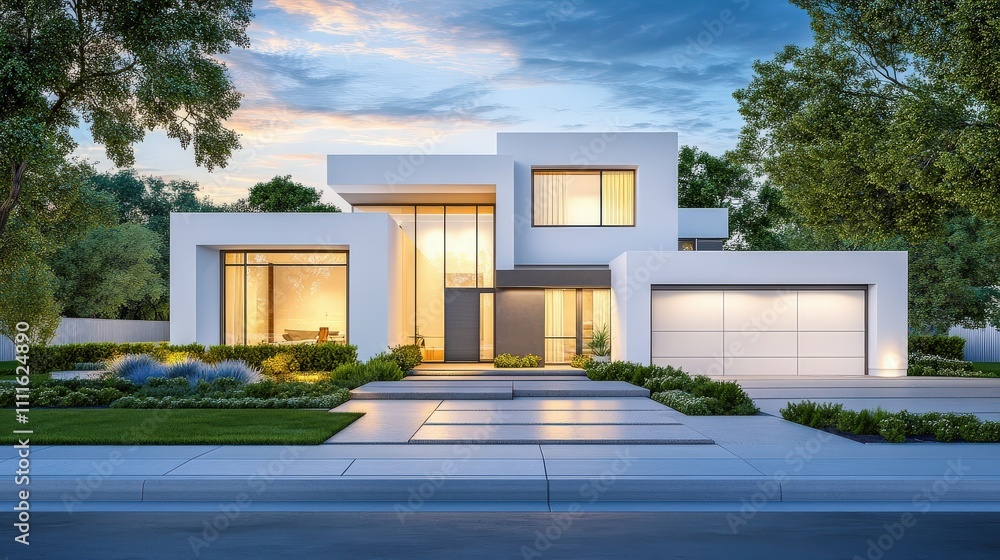 Suburban street view of a modern white cube house with a square door and minimalist facade. The home stands out with its sharp angles and simple design, complemented by a well-manicured front yard. Suburban street view of a modern white cube house with a square door and minimalist facade. The home stands out with its sharp angles and simple design, complemented by a well-manicured front yard.