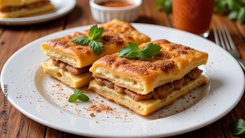 Delicious savory pastries with meat filling garnished with fresh parsley on a white plate