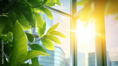 Wallpaper Mural Sustainable glass building in the modern city, designed with eco-friendly features to minimize heat and carbon dioxide emissions. The building is framed by green tree branches and leaves Torontodigital.ca