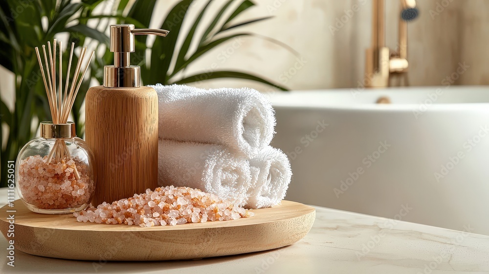 Well-styled bathroom shelf with a modern soap dispenser bottle, decorative bath salts, and fluffy rolled towels, with selective focus on the items and a sleek bathtub in the background. Well-styled bathroom shelf with a modern soap dispenser bottle, decorative bath salts, and fluffy rolled towels, with selective focus on the items and a sleek bathtub in the background.