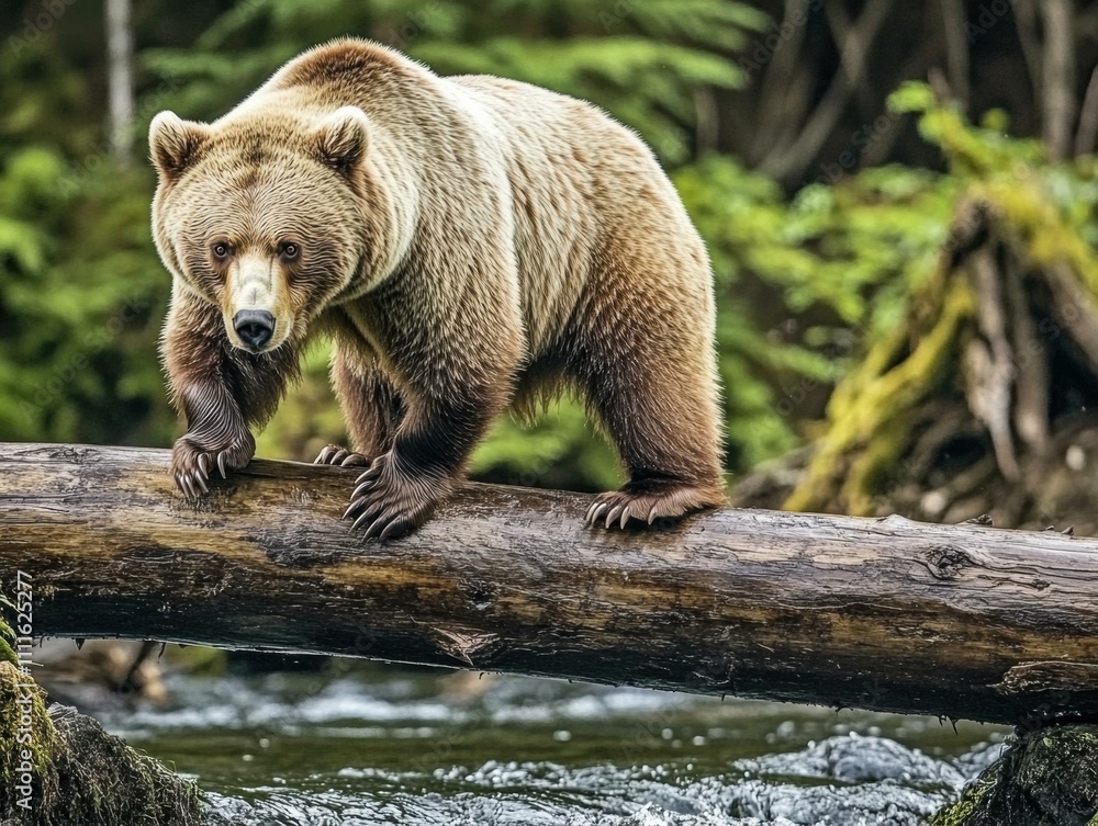 Fototapeta premium Grizzly bear crossing a log over a stream. AI.