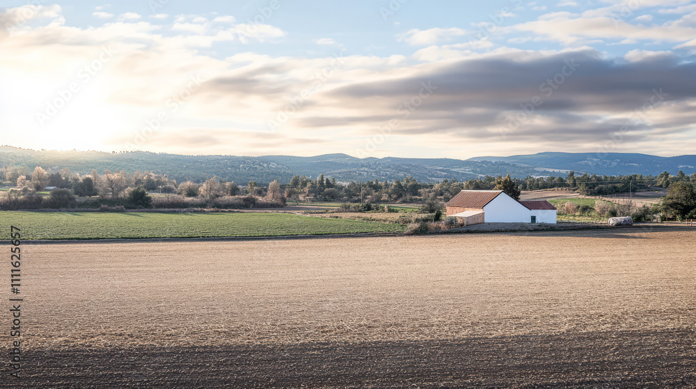 Scenic rural landscape with a farmhouse and expansive fields during golden hour in the countryside Scenic rural landscape with a farmhouse and expansive fields during golden hour in the countryside