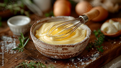 Creamy Yellow Sauce with Whisk in Rustic Kitchen Setting photo