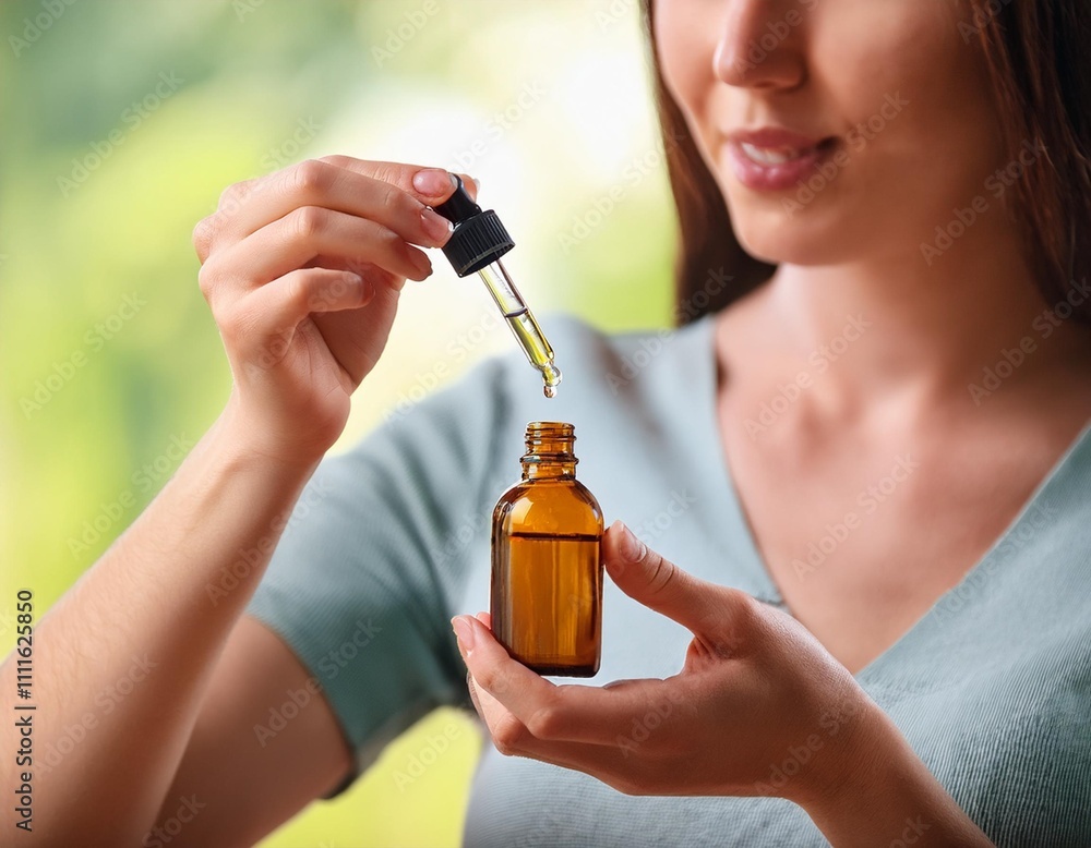 Fototapeta premium Woman Preparing Essential Oil Mixture, Close-Up Scene