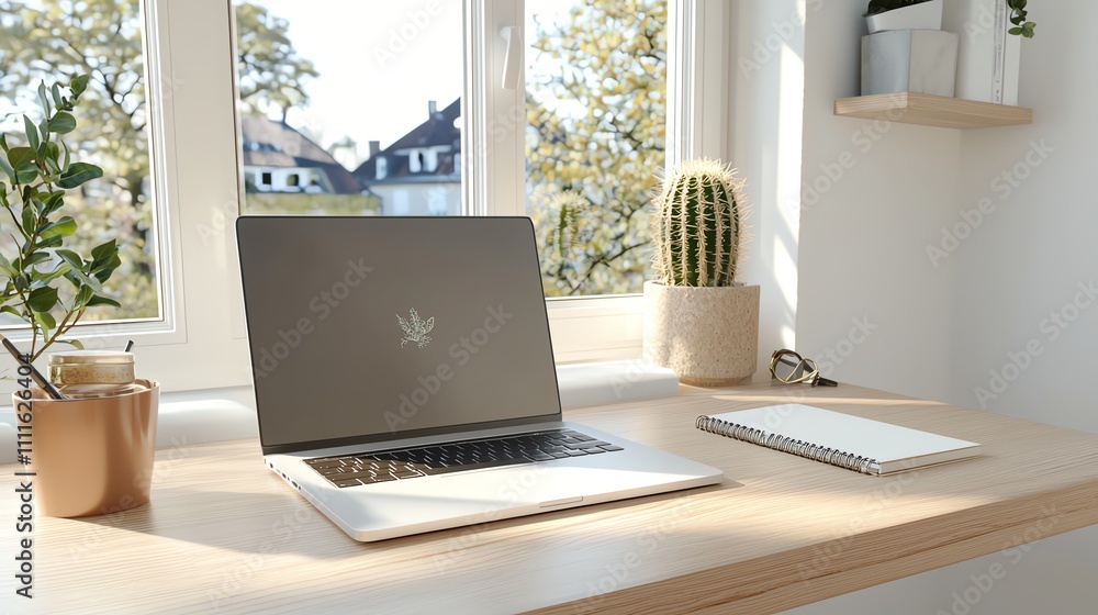Peaceful workspace with a laptop, notebook, and cactus on a sunlit desk by a window. Peaceful workspace with a laptop, notebook, and cactus on a sunlit desk by a window.
