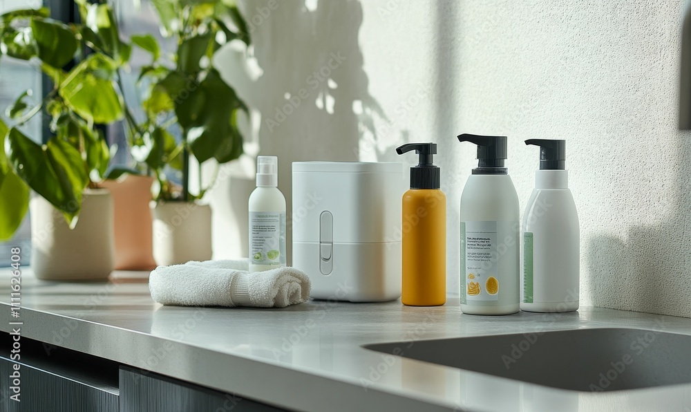 Bathroom counter, toiletries, plant, towel, sink. Bathroom counter, toiletries, plant, towel, sink.