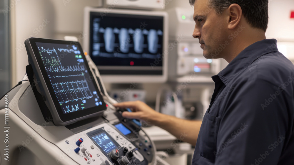 healthcare professional operates medical monitor, analyzing patient data and vital signs in clinical setting. atmosphere is focused and professional healthcare professional operates medical monitor, analyzing patient data and vital signs in clinical setting. atmosphere is focused and professional