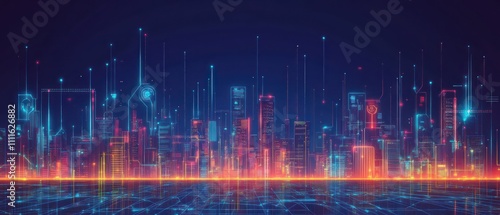 Futuristic cityscape with digital elements and neon lights 