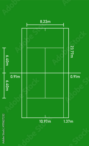 Tennis Court Field Size and Dimension Vector Drawing Illustration. Tennis Clay Court. Black outline court and stadium on white background. Tennis match, league scheme.