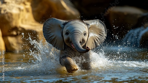 Playful baby elephant splashing in water. (1)