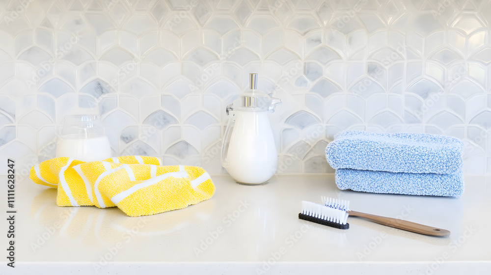 A clean, minimalist bathroom scene featuring towels, a container, and a brush, set against a textured, light-colored background A clean, minimalist bathroom scene featuring towels, a container, and a brush, set against a textured, light-colored background