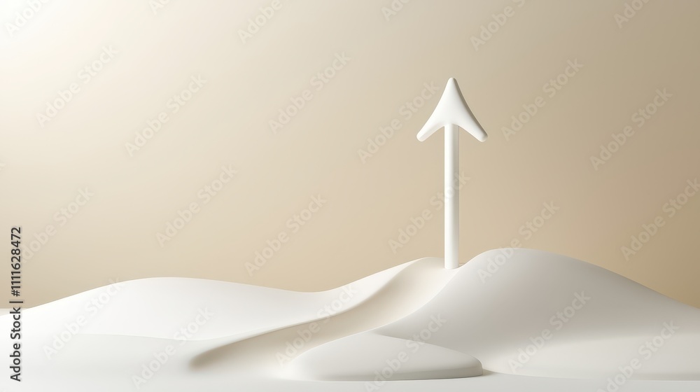 Fototapeta premium A clean, minimalist 3D white arrow rising upwards on a smooth, simple surface, representing forward momentum, success, and the achievement of future goals