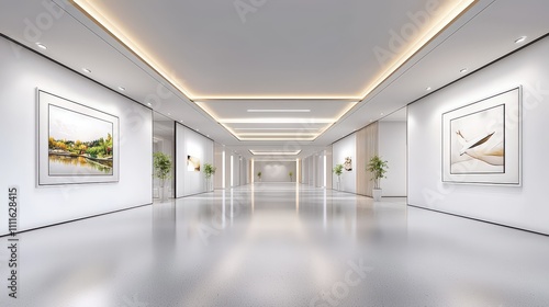 A clean  abstract space with white walls and ceiling panels  emphasizing light  shadow  and minimalist aesthetics.