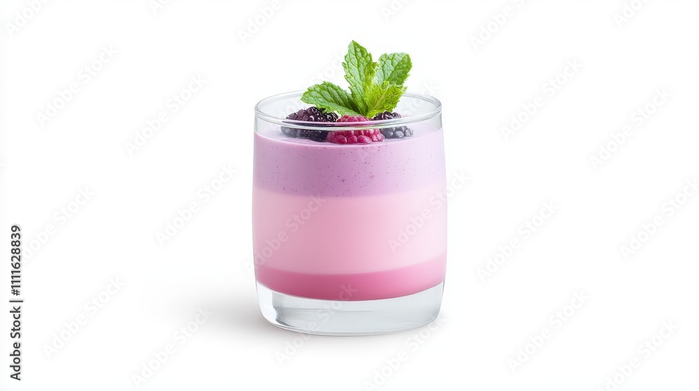 A close-up of a single smoothie glass isolated on a white background, filled with a creamy purple berry blend and topped with a mint leaf. A close-up of a single smoothie glass isolated on a white background, filled with a creamy purple berry blend and topped with a mint leaf.