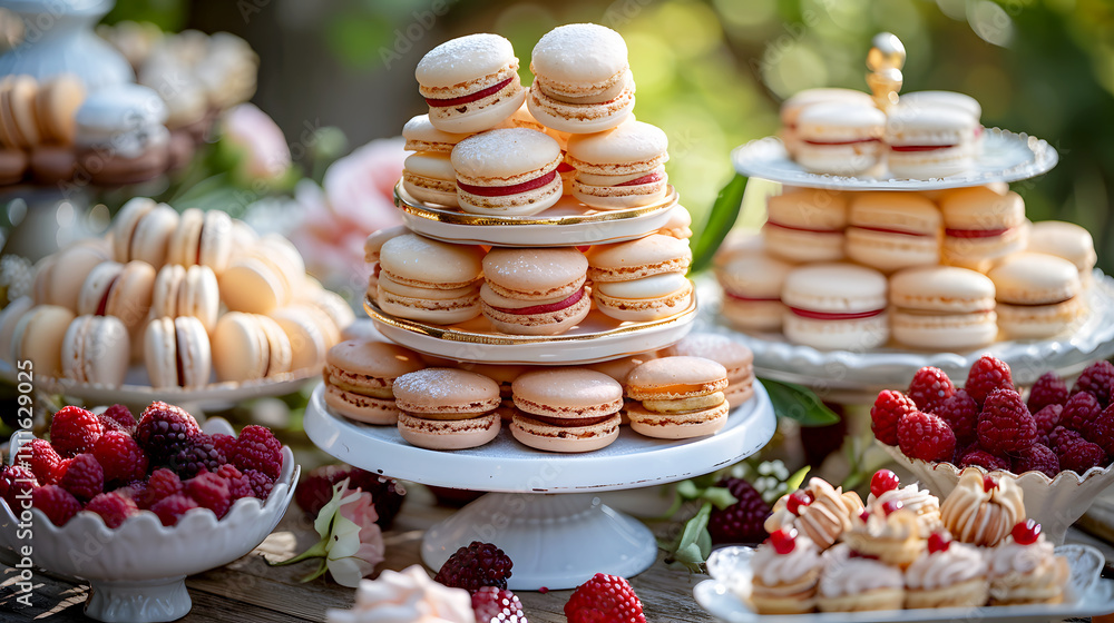 Elegant Display of Assorted Macarons and Fresh Raspberries Elegant Display of Assorted Macarons and Fresh Raspberries