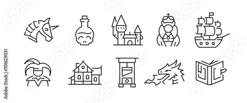 Medieval icons. 10 icons set of medieval fantasy trendy minimal icons. Example: Poison, Ship, Crown, Wizard, Castle icon. Design signs for web page, mobile app, packaging design. Vector illustration