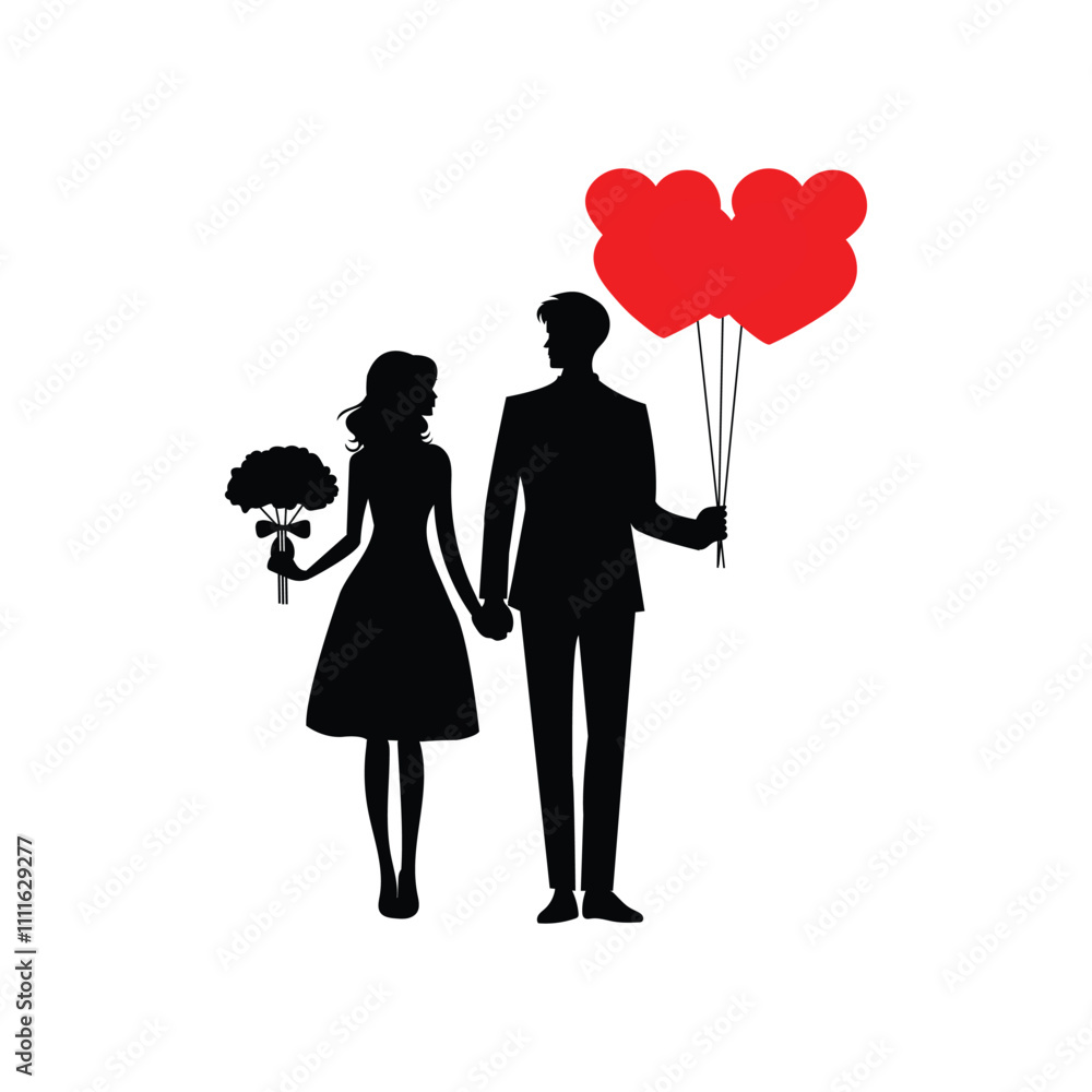 Romantic Couple Silhouette with Heart Balloons Romantic Couple Silhouette with Heart Balloons