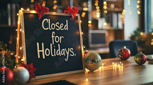 A festive minimalist workspace with a chalkboard sign reading 