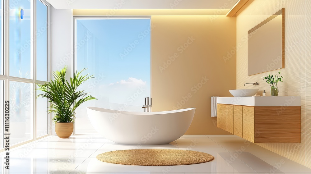 Fototapeta premium A modern bathroom remodel showcasing sleek tiles, a new vanity, and an elegant freestanding bathtub. The room is being updated with contemporary design elements for a fresh, luxurious feel.