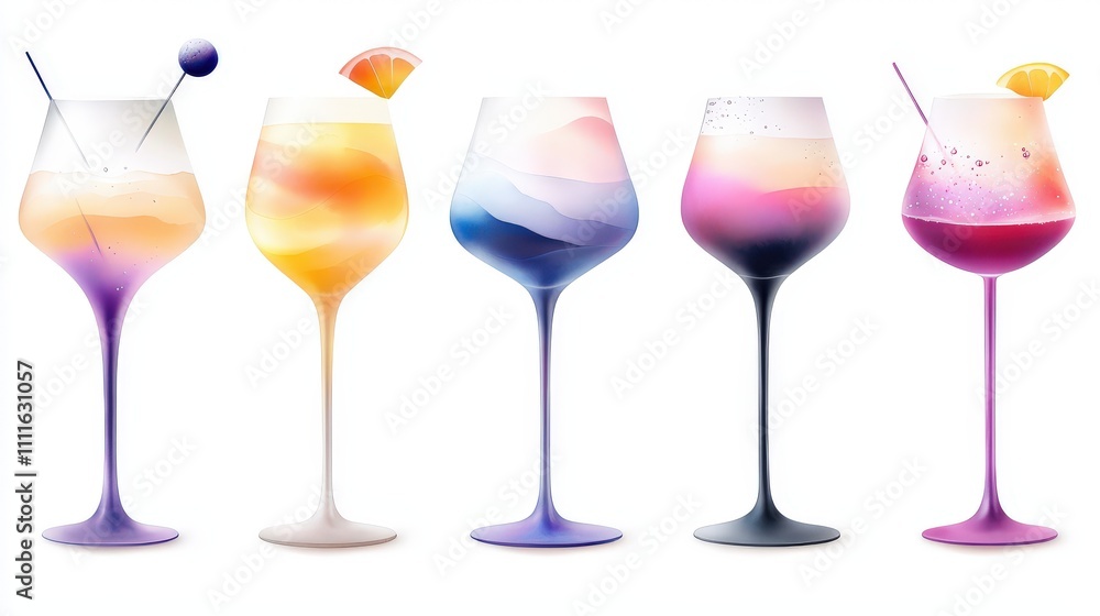 A set of watercolor cocktail glasses, each with unique designs and bold, artistic brush strokes in pastel and vibrant colors. A set of watercolor cocktail glasses, each with unique designs and bold, artistic brush strokes in pastel and vibrant colors.