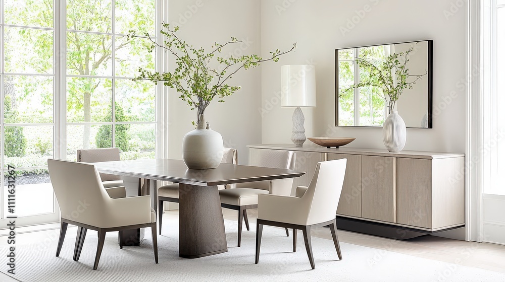 Fototapeta premium A simple dining room with sleek furniture, neutral tones, and subtle decorative accents, emphasizing the beauty of simplicity in home design.