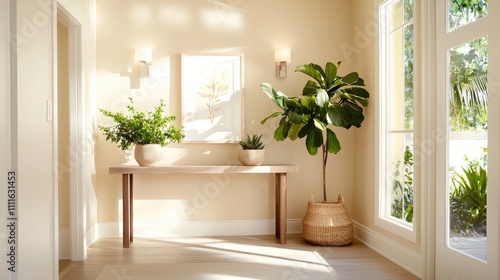A spacious and uncluttered entryway with a simple console table  natural plants  and neutral-colored walls  showcasing minimal home decor.