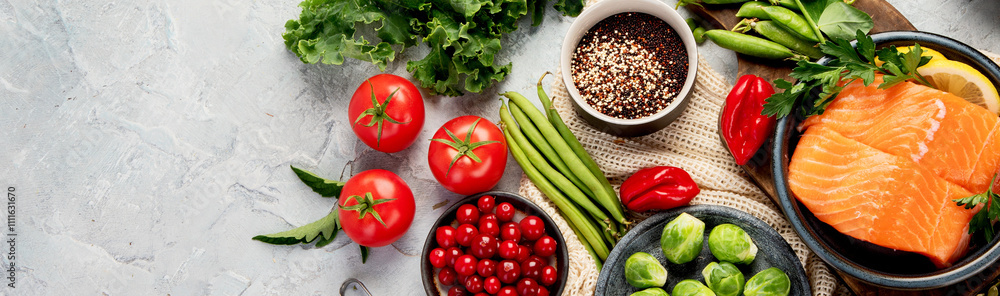 Selection of healthy food on light gray background. Clean eating concept. Selection of healthy food on light gray background. Clean eating concept.