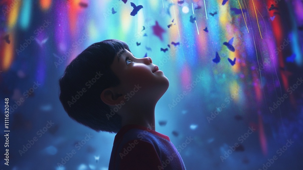 A child looking up in wonder as rainbow-colored threads rain down forming shapes and figures in mid-air. A child looking up in wonder as rainbow-colored threads rain down forming shapes and figures in mid-air.