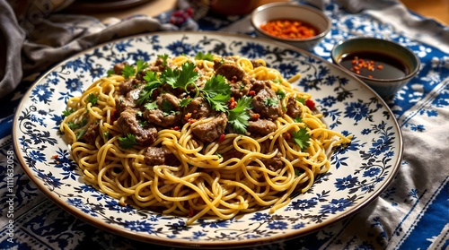 Qovurilgan Kesme Fried Noodles with Lamb and Vegetables (Kazakhstan Cuisine) photo